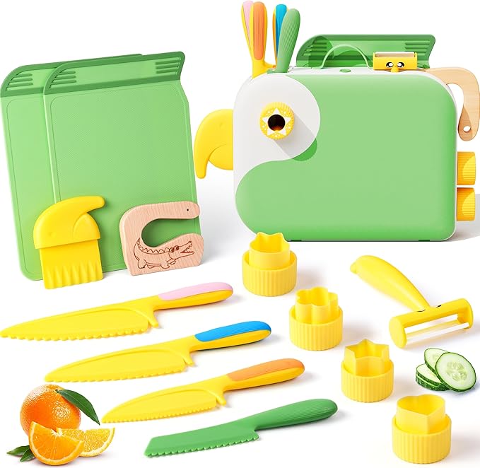 Toddler Cooking Set with Storage Box-Kids Kitchen Set,Safe PP Material Montessori Kitchen Tools for Real Cooking,Dishwasher Safe,Fun Bird-Shaped Organizer Toddler Knife Set