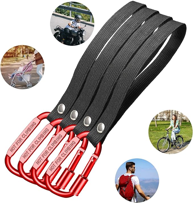 Stroller Hooks for Bags with Locking Stroller Carabiner Clip – Heavy-Duty Hooks for Diaper Bags, Groceries, Backpacks on Strollers, Bikes & Shopping Carts (Red, 4 Pieces)