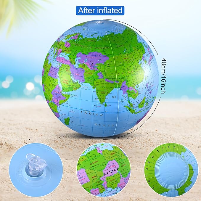 2 Pack Inflatable Globe Blow up World Globe Beach Ball 16 Inch Inflatable Earth Beach Ball for Beach Playing or Teaching, Party Bags, Summer Pool Party, PVC Material