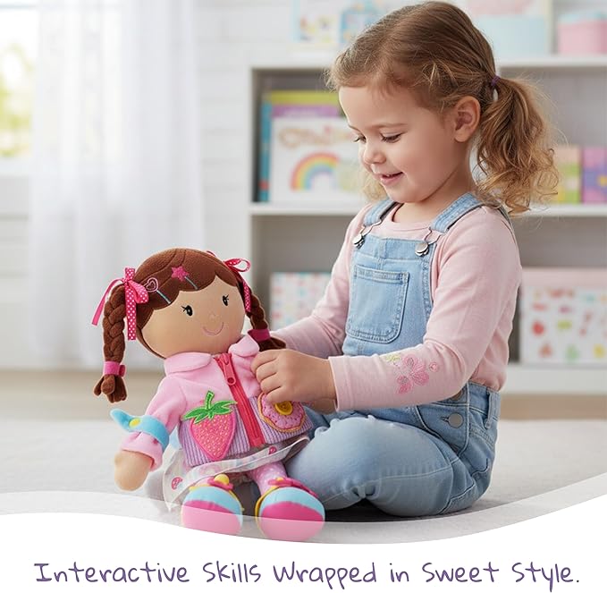 June Garden 15.5" Dressy Friends Daisy - Educational Stuffed Plush Doll for Kids and Toddlers 2 Years and Up - Montessori Buckle Soft Toy