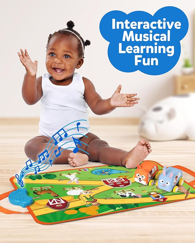 Coogam Musical Cars Play Mat for 1 2 3 Year Old Toddlers Easter Basket Stuffers, Soft Pull-Back Vehicle Set with Farm Animals Playmat Rug, Baby Fine Motor Montessori Toys Game