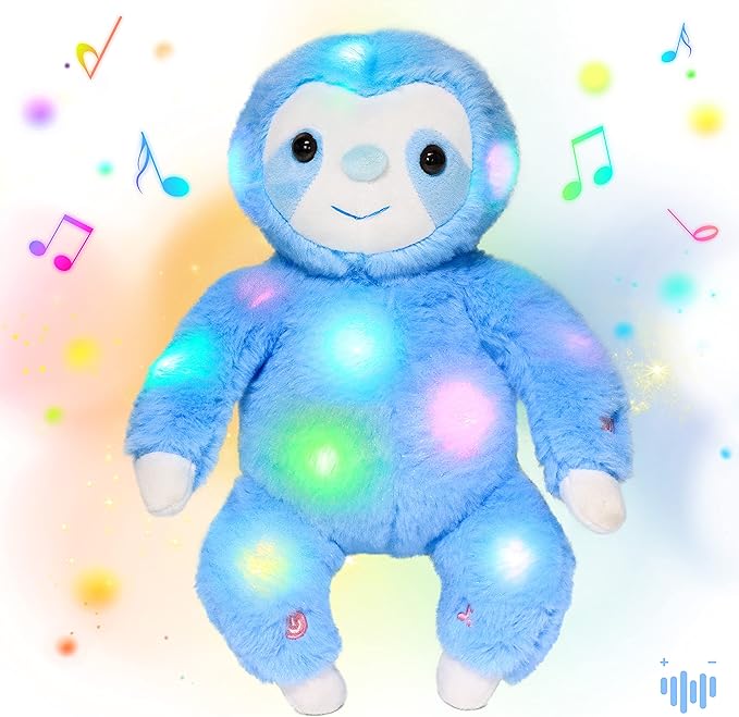 Hopearl LED Musical Plush Sloth Lighting Up Stuffed Animal Three Toed Sloth Floppy Night Lights Glow in The Dark Birthday Festival for Kids Toddlers, Blue, 12.5''