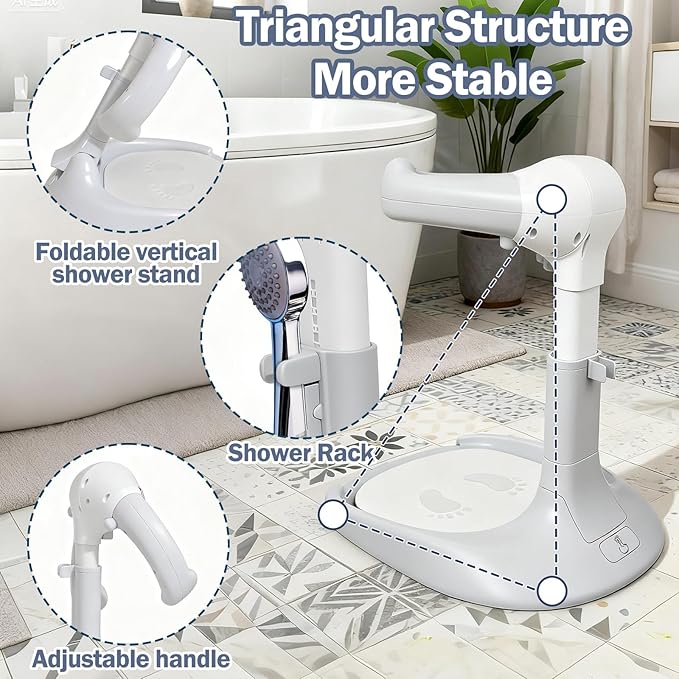 Baby Shower Stand Foldable Toddler Shower Standing Support with Anti-Slip Base Adjustable Infants Bath Support for 8-36 Months Portable Bath Helper (Upgraded-Grey)