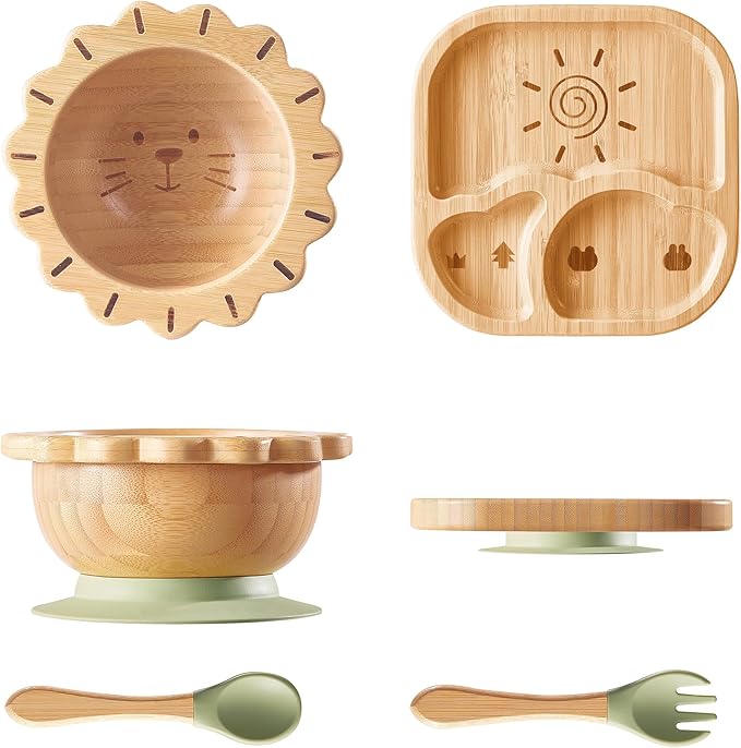 Suction Plates Bowls Set for Baby Toddler Non-Toxic Bamboo Feeding Set with Silicone Fork & Spoon (Green Feeding Set)