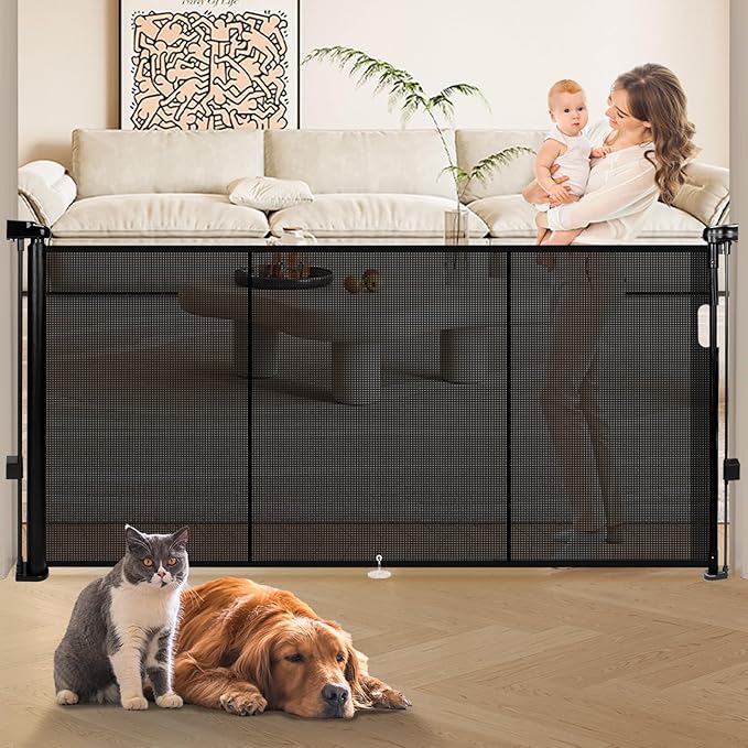 55" Retractable Baby Gate Extra Wide, 41" Tall Retractable Dog Gate for Stairs, Doorways, Decks, Mesh Gate Long Child Gate Pet Gate for Indoor, Outdoor, with Reinforced Mesh Rods, Dual Locks