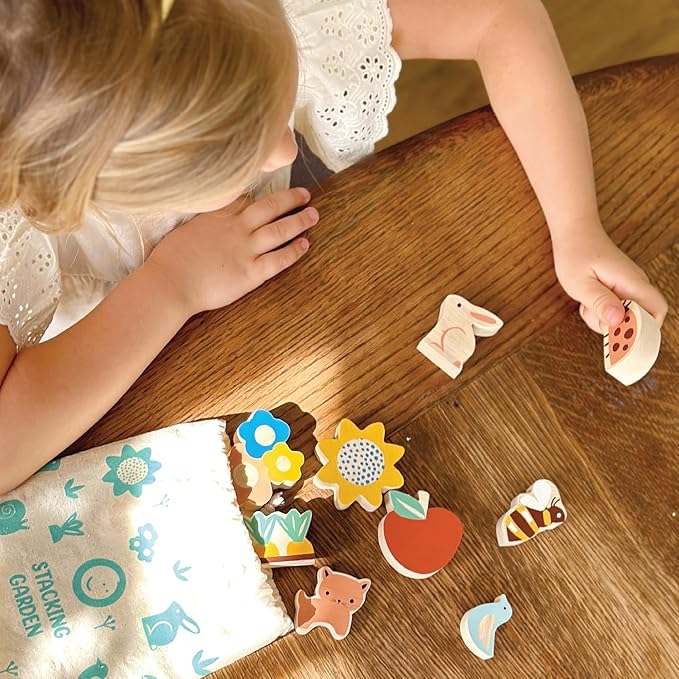 Mentari Toys - Happy Stacking Garden - 9 Wooden Nature Theme Pieces Stacking Toy - Boost Fine Motor Skills and Dexterity - Age 18 Months+