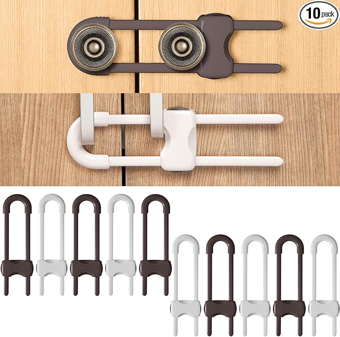 Jetec 10 Pieces Cabinet Locks for Babies, U-Shaped Proofing Drawers Safety Child Locks Adjustable, Easy to Use Childproof Latch for Knob Handle on Kitchen Door Storage Cupboard Closet (Brown,White)
