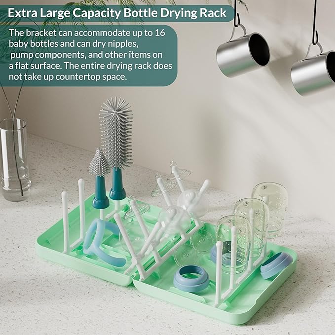 Portable Baby Bottle Brush Set with Multiple Brushes,Soap Dispenser, Foldable Bottle Drying Rack for 16 Bottles, Bottle Cleaner Brush Set for Bottles and Baby Accessories, Baby Travel Essential