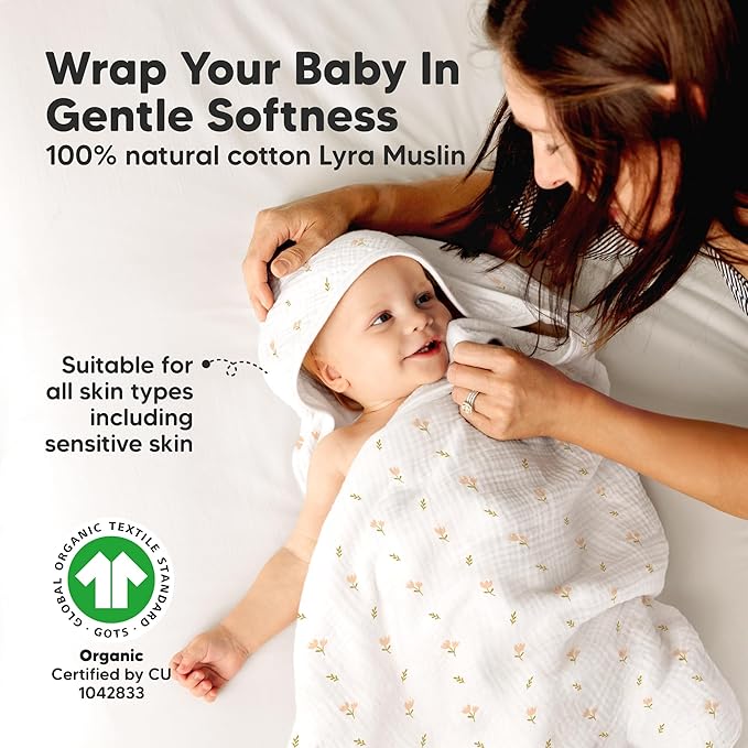 KeaBabies Muslin Baby Bath Towels with Hood for Girls, Boys -Large Organic Cotton Hooded Baby Towels for Newborns,Toddlers,Infant,Kids,Soft Absorbent Newborn Bath Essentials Gift Set(Tulips, Regular)