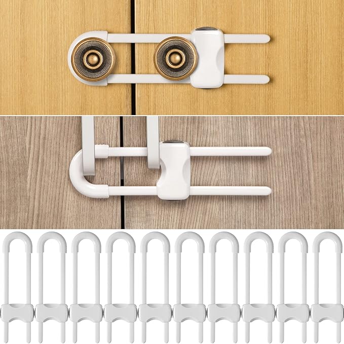 Jetec 10 Pieces Cabinet Locks for Babies, U-Shaped Proofing Drawers Safety Child Locks Adjustable, Easy to Use Childproof Latch for Knob Handle on Kitchen Door Storage Cupboard Closet (White)