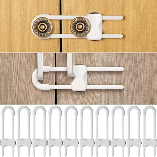 Jetec 10 Pieces Cabinet Locks for Babies, U-Shaped Proofing Drawers Safety Child Locks Adjustable, Easy to Use Childproof Latch for Knob Handle on Kitchen Door Storage Cupboard Closet (White)