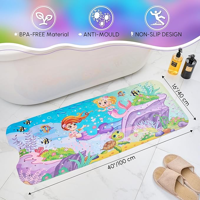VANNOKOR Baby Bath Mat for Tub Non Slip Kids, 40 X 16 Inch Extra Long Bathtub Mat with Drain Holes and Suction Cups, Anti Slip Shower mat Machine Washable, Mermaid