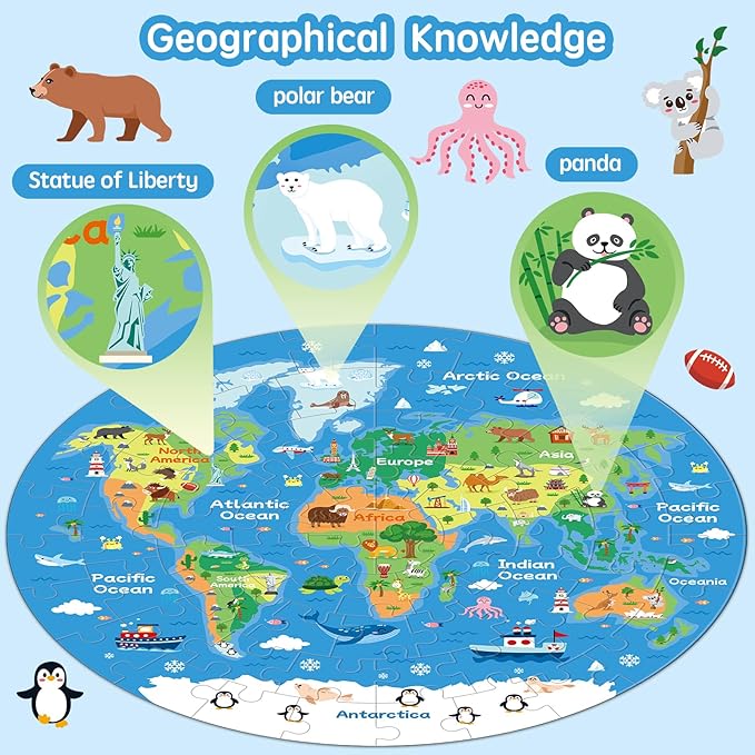 72 Piece World Map Jigsaw Puzzle for Kids 3-5, 4-6 Globe Round Floor Puzzles Geography Educational Birthday Gifts Learning Resource Educational Montessori Toys (World Map)