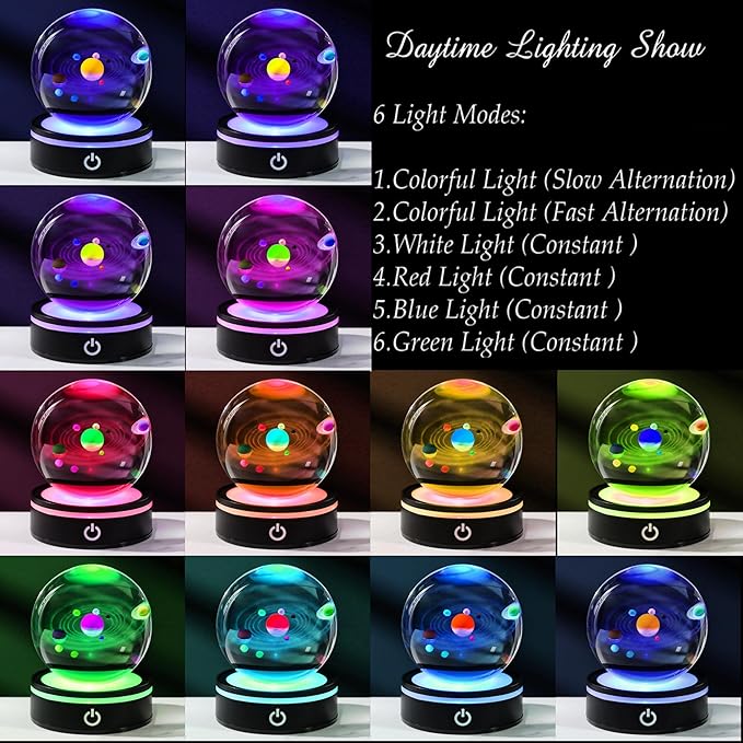 3d Solar System Model Crystal Ball Led Lamp Base - Space Decor World Globe Planets Sphere Night Light 80mm 3.15 Inch - Solar System Decor Best Birthday Astronomy Gifts For Men Physics Science Teacher