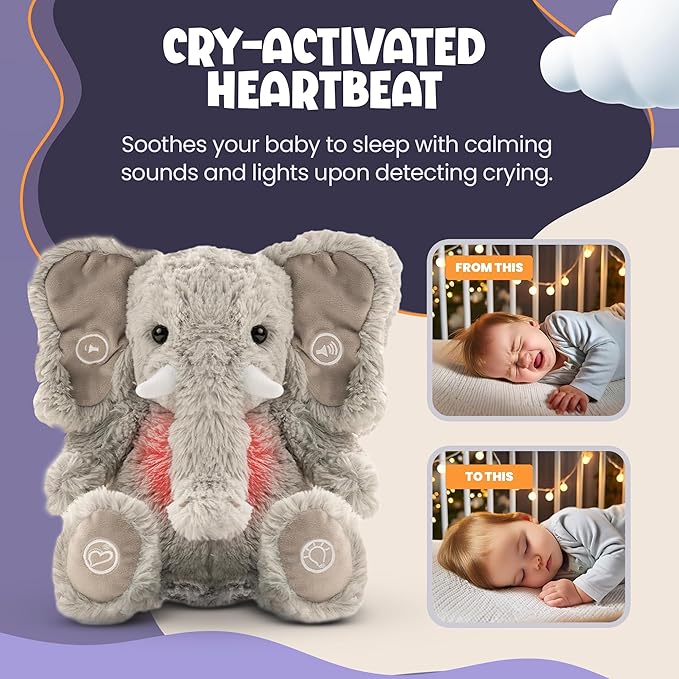 Gemma Joy Bedtime Baby Soothers & StickyOnes Sleep Patches - Cry Activated Heartbeat Elephant Plush Toy, Stuffed Animal with Calming Light & All-Natural, No Melatonin Bedtime Patches for Kids and Baby