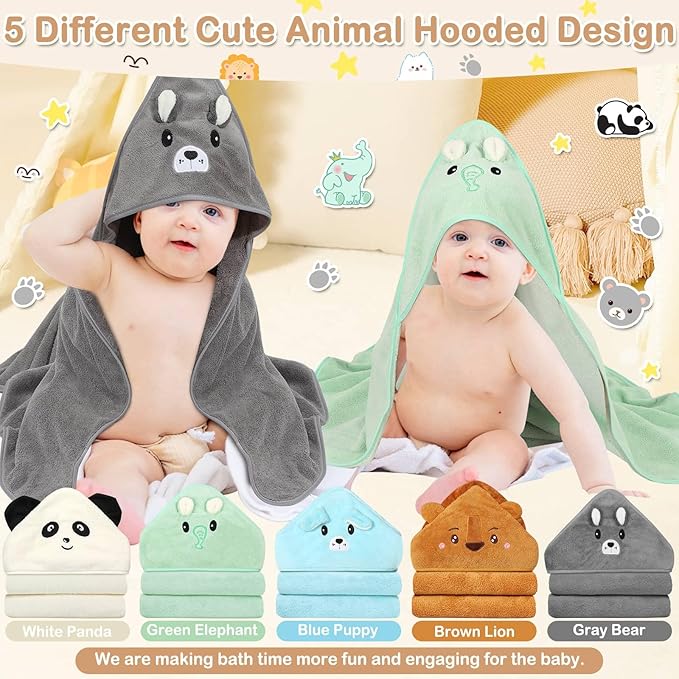 15 Pcs Baby Bath Towels- 5 x Hooded Baby Towels and 10 x Baby Washcloths Set, 32 x 32 Inch Hooded Toddler Towel Bath Blanket Absorbent Hooded for Toddler Infant Newborn Shower Gift for Boys & Girls