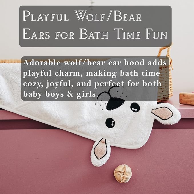 MILARA Hooded Baby Towel - 70% Rayon Derived from Bamboo, 30% Cotton - Baby Towel for Newborns - Soft and Absorbent, Wolf/Bear Ears Design, Made in Turkey, | 30 x 30 Inches