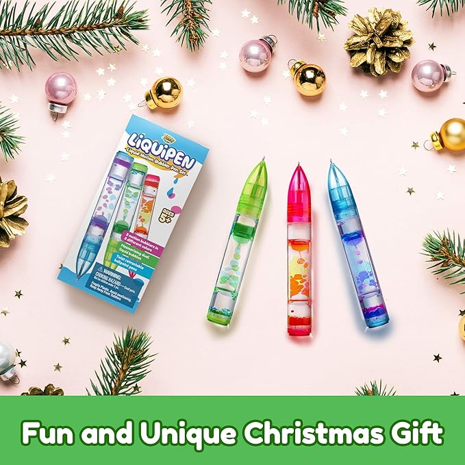 YoYa Toys Liquipen - Liquid Motion Bubbler Pen Toy (3 Pack) - 3 Colors - Colorful Timer Pens for Focus, Stress & Anxiety Relief - Fun Desk Fidget Toy for School & Office - Great Gift for Kids & Adults