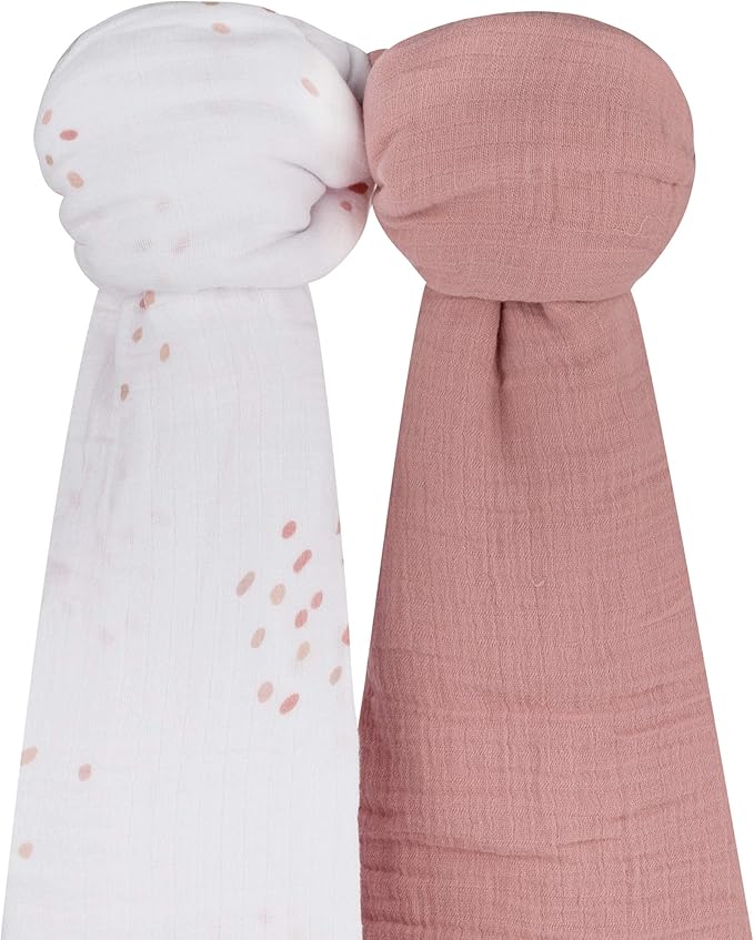 Ely's & Co. Cotton Muslin Swaddle Blanket 2-Pack for Baby Boy or Girl — 100% Cotton Muslin Extra-Large Swaddle Blankets (47” x 47”) Solid Dusty Rose │ Dusty Rose Raindrops