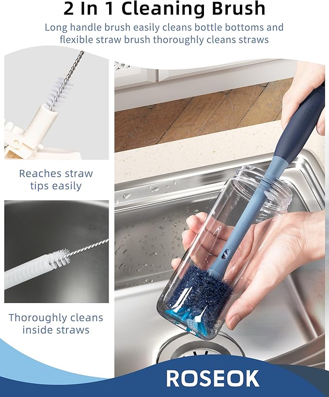 2in1 Bottle Scrubbing Brush with Straw Brush has Long and Comfortable Handle, Cleaning Glass, Sports Bottle, Coffee Mug,1 Pack, Grayish Blue