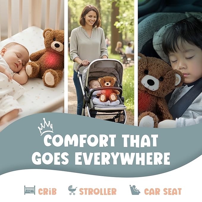 Gemma Joy Baby Sleep Soother Brown Bear for Baby – Cry Activated Heartbeat Stuffed Animal – Rechargeable Crib Soother with White Noise, Shush, Lullabies & Night Light – Newborn Essentials Must Haves