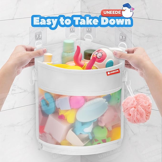 UNEEDE 3.5 Gallons Corner Mounted Versatile Bath Toy Organizer, Mesh Shower Caddy for Bathtub Toy Organizer and Storage, Quick Dry Bath Toy Holder