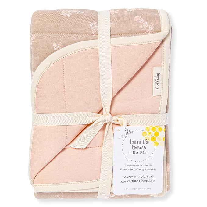 Burt's Bees Baby Reversible Blanket, Nursery, Stroller & Tummy-Time Organic Jersey Cotton Quilted Infant & Toddler Bedding