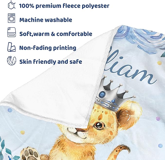 J&SBGFT Personalized Baby Blankets, Custom Baby Blanket with Boys' Name, Receiving Blankets for Toddlers & Kids, Nursery, Stroller & Crib Decor Throw Blue Lion
