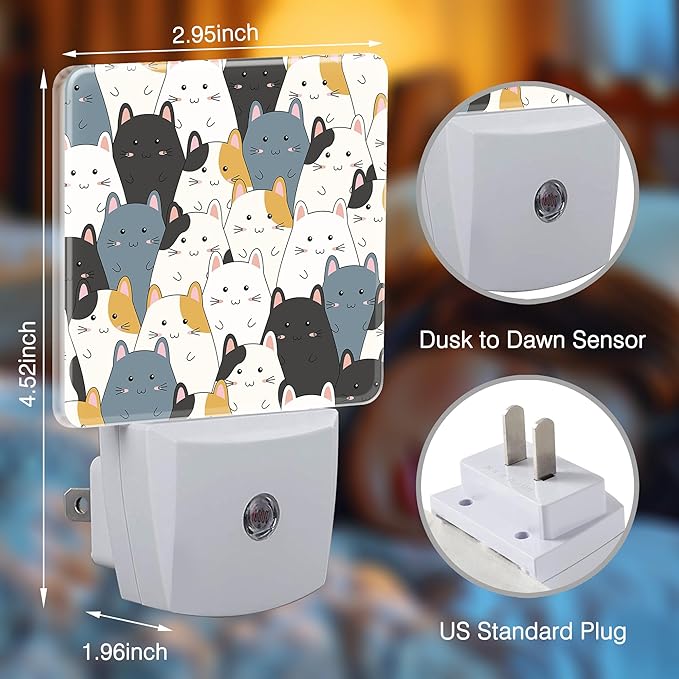 Cat Night Light Cartoon Cat Plug in Night Lights LED Lamp with Dusk to Dawn Sensor Auto Energy Saving Square Lights for Bedroom Bathroom Hallway Home Wall Decor Nightlight