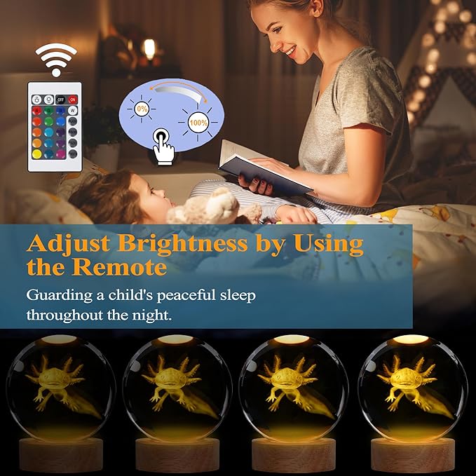 Axolotl Night Light with Upgraded 3.15 Inch 3D K9 Crystal Ball, Axolotl Lamp with Remote 16 Color Gifting Box for Birthday Xmas Cool Axolotl Figurines Gifts for Room Decor Boys Girls