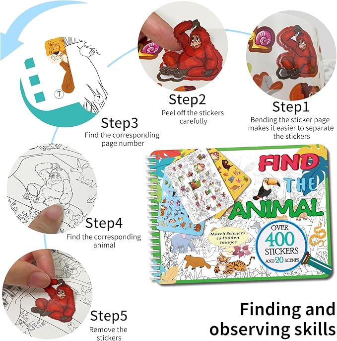 Find The Animal Sticker Book, Sticker Book for Kids, Include 20 Theme, Over 400 Animal Stickers for Kids, Toddler Educational Toys