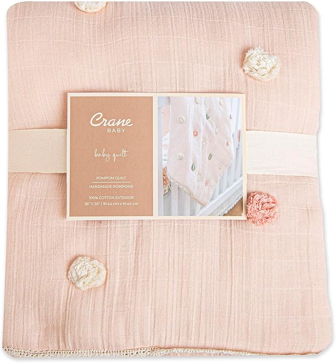 Crane Baby Soft Cotton Muslin Nursery Blanket with Pom Pom Trim, 36" X 36", Stroller Blanket for Girls, Pink Nursery Decor, for Girls, 100% Cotton, Polka Dot