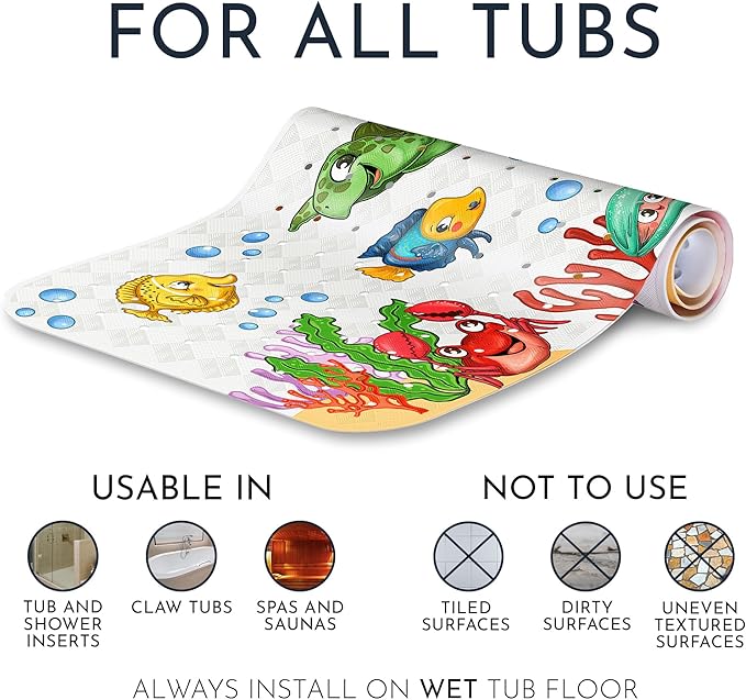 Homerella Baby Bath Tub Mat | Anti Mold Mildew Resistant Non Slip Kids and Adult Bath Tub Shower Mats | 40x16 inch Long with Suction Cups for Secure Grip Hooks for Storage & Drying | Machine Washable