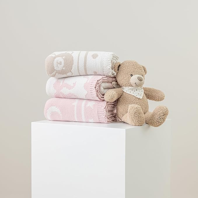 Berkshire Baby Blanket,Ultra-Plush Reversible Chenille Knit Toddler Blanket,Cute Pattern Nursery Crib Blanket,Ideal Baby Gift(30x40 Inches,Ribbon Bow White Pink)