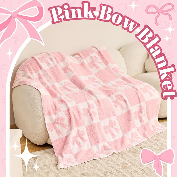 Pink Bow Blanket Cozy Knitted Bow Checkered Throw for Baby Girls, Reversible Pattern Bows Gift, Coquette Pink Bows Bedding Stuff Decor Blankets 50x60 Inches