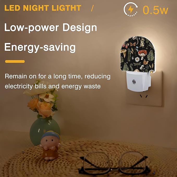 Night Lights Plug into Wall Nature Woodland Mushroom Forest Plants Night Light Dusk to Dawn Smart Sensor Decorative Round Led Lamp for Bedroom Kitchen Hallway Nightlight for Women Men