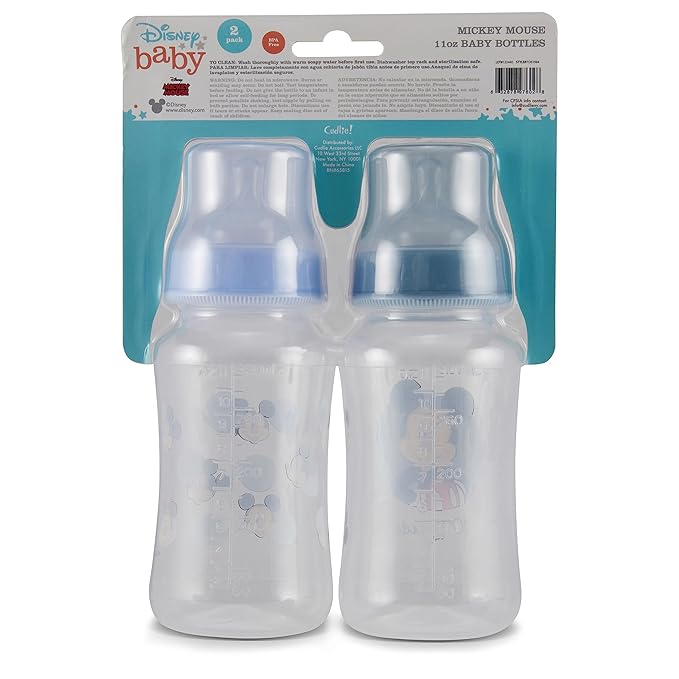 Disney Mickey Mouse Baby Bottles 11 oz for Boys or Girls | 2 Pack of Infant Hourglass Shaped Bottles with Cover for Newborns and All Babies | BPA-Free Plastic Baby Bottle for Baby Shower