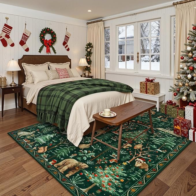 OJIA Christmas Area Rug 8x10 Green Rugs for Living Room, Xmas Animal Washable Rugs 8x10 Soft Bedroom Throw Rug, Holiday Dining Room Carpet Non-Slip Low Pile Carpet for Kids Room Nursery