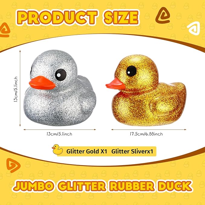 Honoson 2 Pcs 6.89 Inch Giant Glitter Rubber Ducks Big Sparkly Rubber Ducks Jumbo Bathtub Toys with Squeaky Sound for Baby Shower Pool Activity Birthday Gift(Glitter,Gold, Silver)