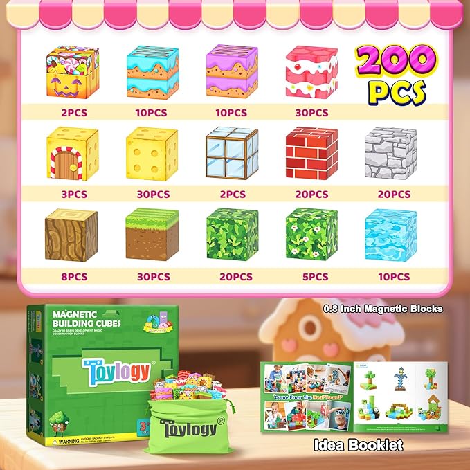 200PCS Magnetic Blocks-Build Mine Magnet World Forest Candy Set Magnetic Tiles Cubes Toddler Kids Games Toys, Building Blocks Learning Outdoor Toys for 3 4 5 6 7 8 Years Old Boys & Girls