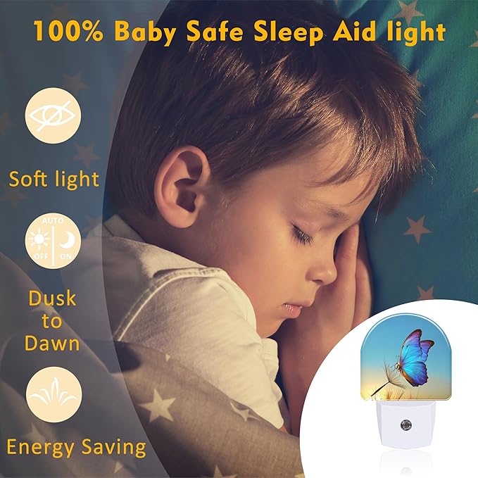 Blue Butterfly and Dandelion Night Light Plug into Wall, Butterfly in The Sunset Dusk to Dawn Night Light,0.5w Energy Saving Sleep Friendly Nightlights for Kids Boys Girls Home Decor