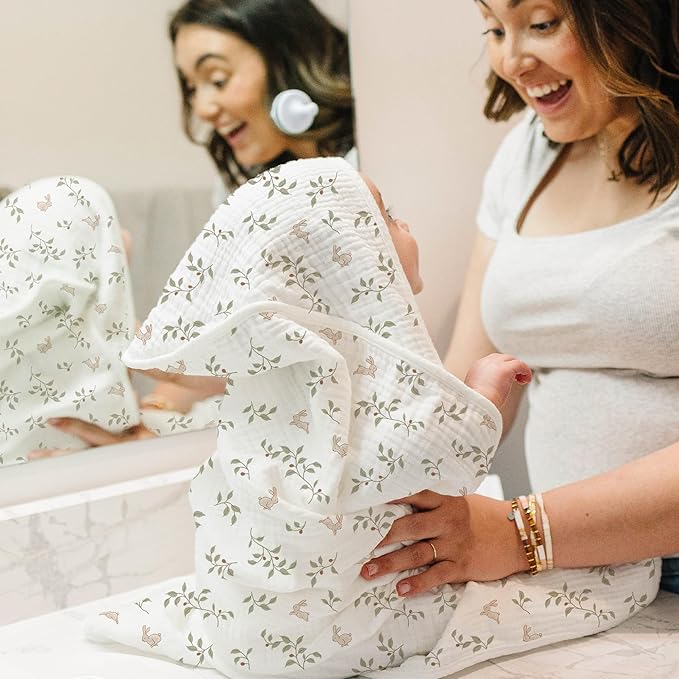 Konssy 2-Pack Muslin Hooded Baby Towels, 100% Cotton, Ultra-Soft & Absorbent Baby Bath Towels with Hood for Newborn & Infant (Fog Green, Sprout, 32" x 32")