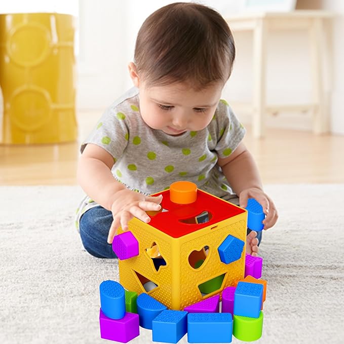 Shape Sorter Toddler Learning Toys - 19 Pcs Classic Kids Toys Blocks for Toddlers 1-3, Color Recognition, Sorting and Matching Activity Cube for Baby Games