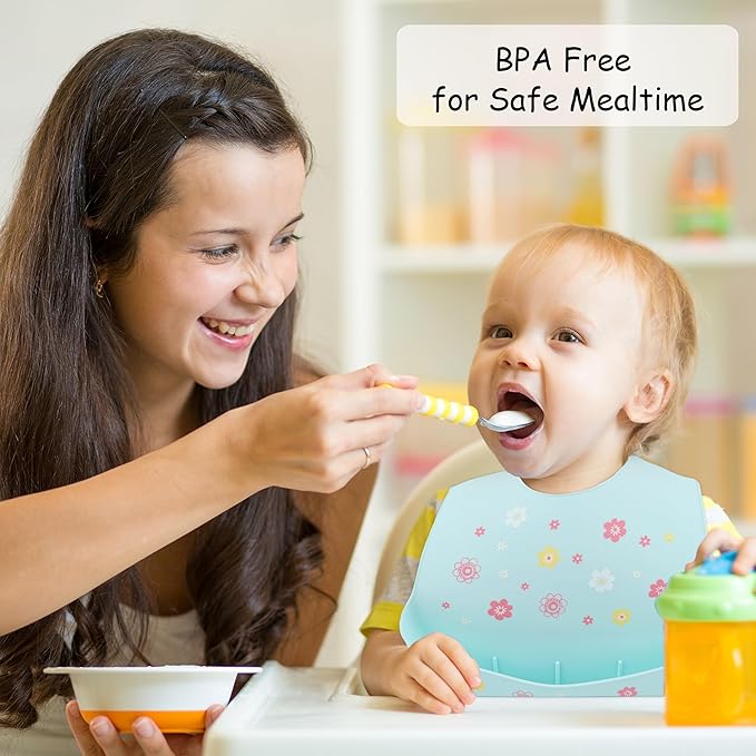 2 Pack Silicone Baby Bibs Adjustable Fit Waterproof Bib With Leak Proof Food Pouch Catcher for Eating Boys Girls