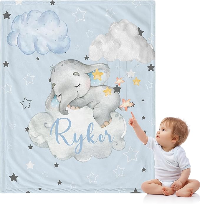 J&SBGFT Personalized Baby Blanket for Boys, Custom Baby Blanket with Name, Toddler Kids Nursery Stroller Crib Decor Throw, Sleeping Elephant