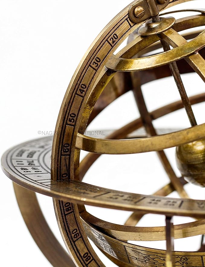 Antique Vintage Zodiac Armillary Brass Sphere Globe Wooden Display | Pirate's Antique Ship Decor | Nagina International (Large, Antique Brass)