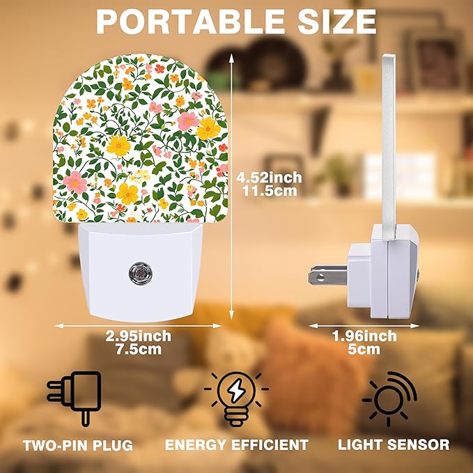 Night Light, Spring Flowers Night Lights Plug into Wall Dusk to Dawn Sensor Round Nightlight for Women Men Energy Efficient Led Lamp 0.5W for Stairway Hallway Bedroom