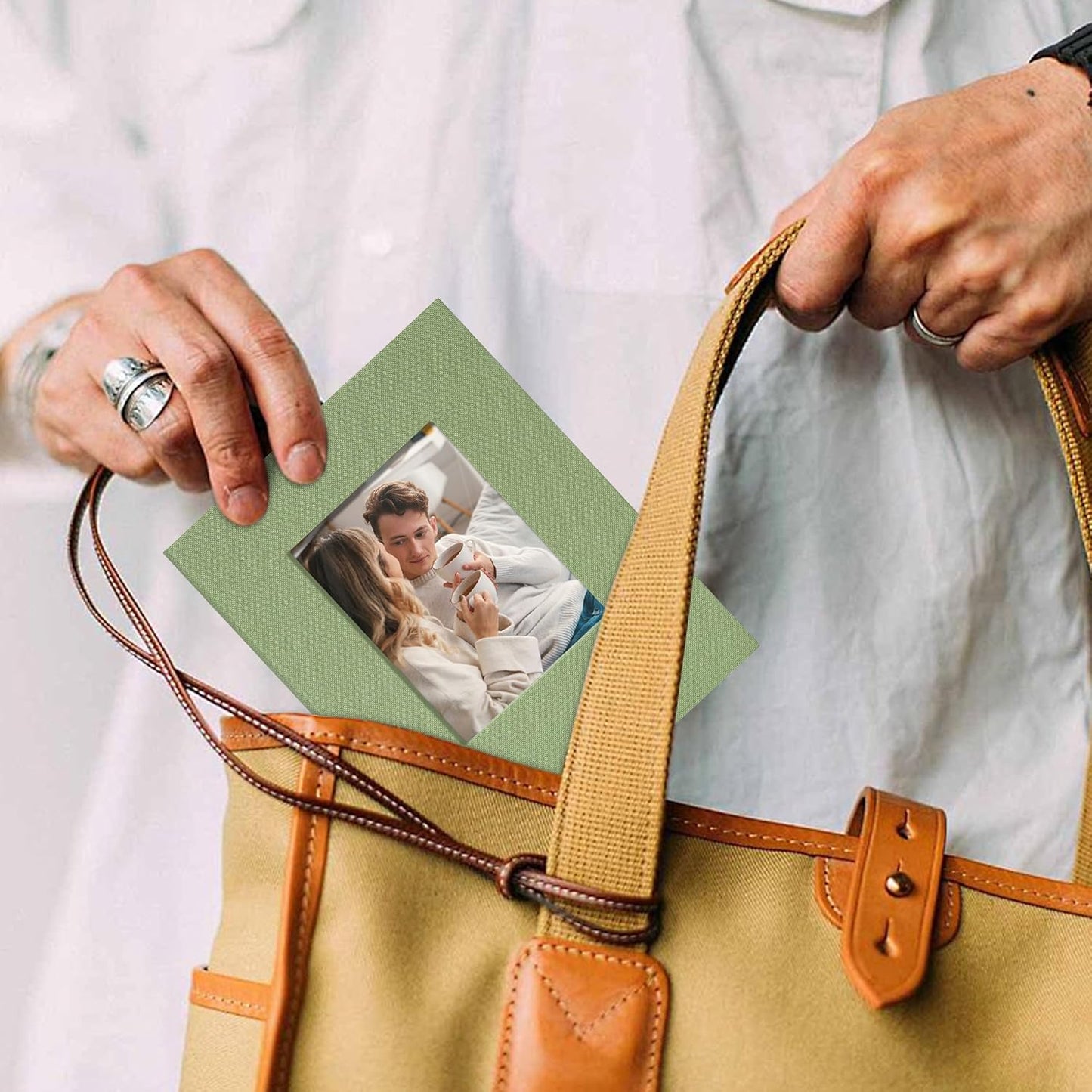 Small 4x6 Photo Album 100 Pockets Linen Cover with Front Window Portable Mini Picture Book for Family Travel Wedding and Memory Keepsake Organizer Light Green