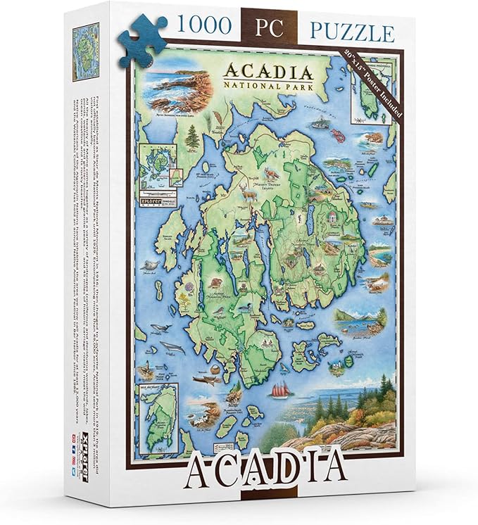 Acadia National Park Map JJigsaw Puzzle - 1000 Pieces, Hand-Illustrated - Educational & Fun Family Activity, Ages 7+, Includes Poster