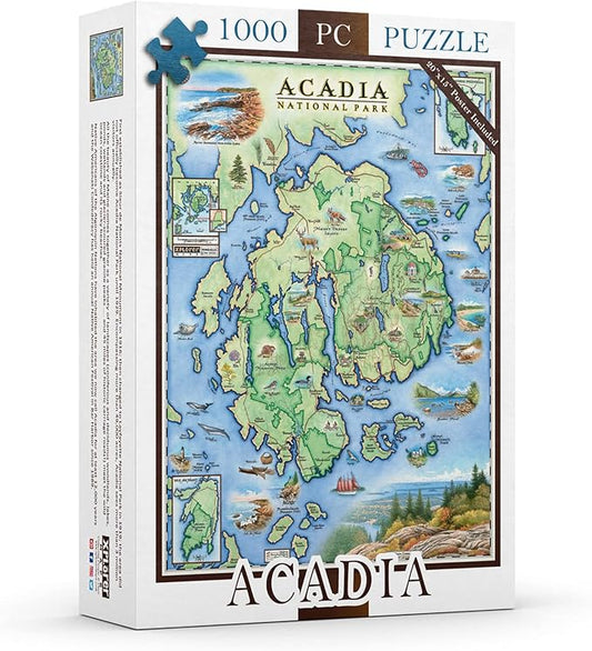 Acadia National Park Map JJigsaw Puzzle - 1000 Pieces, Hand-Illustrated - Educational & Fun Family Activity, Ages 7+, Includes Poster
